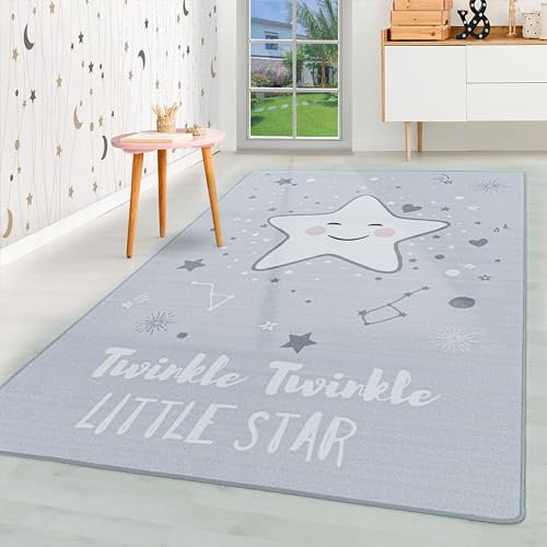 HomebyHome Kurzflor Kinderteppich für Jungen und Mädchen 120 x 170 cm Grau Stern Design - Waschbarer Teppich Extra Weich und Antiallergen - Teppich für Kinderzimmer, Babyzimmer und Spielzimmer