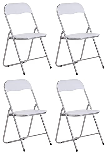 CLP 4er Set Klappstuhl Felix Gepolstert I Küchenstuhl Mit Metallgestell I Kunstleder PVC Sitz Gepolstert I Stühle Klappbar I Campingstühle, Farbe:weiß/Silber