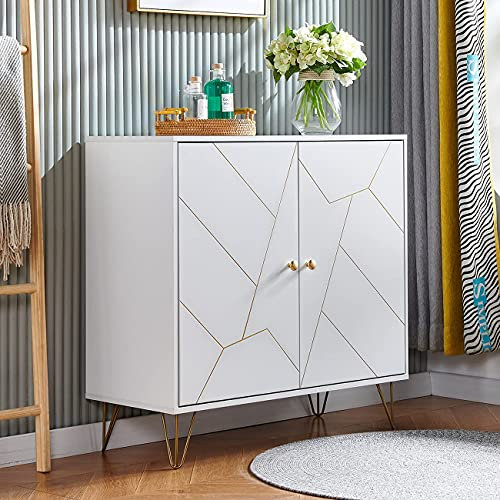 White Wood Sideboard Cabinet Unit, 2 Doors Storage Credenza with Unique Golden Groove Front Door, Living Room Cupboard Organizer Stand Unit, Buffet Server Console with Storage Home Office Furniture