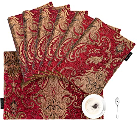 TOPLUXE Tovagliette in Tessuto Damascato 45x30 cm, Set di 6 Tovagliette Lavabili per Tavolo da Pranzo/Cucina/Ristorante/Banchetto/Festa (Bordeaux)