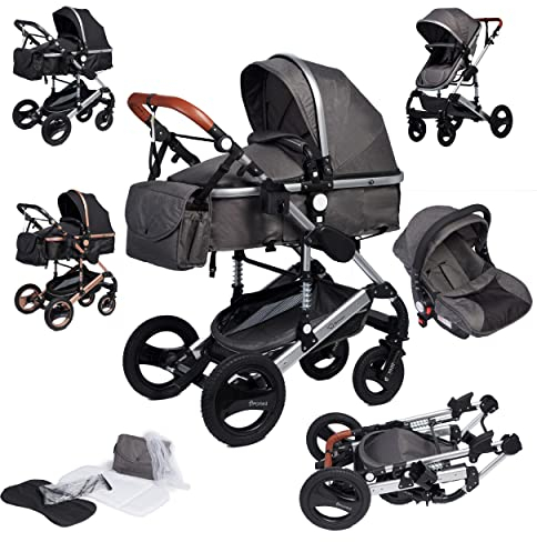 Bronea EXQUISE Kombi-Kinderwagen 3 in 1 INKL. MATRATZE | FARBAUSWAHL | Buggy, Auto-Babyschale, Zusammenklappbar mit Wickeltasche, Regenschutz, Mückenschutz & Sonnenschutz, Farbe:grey/silver
