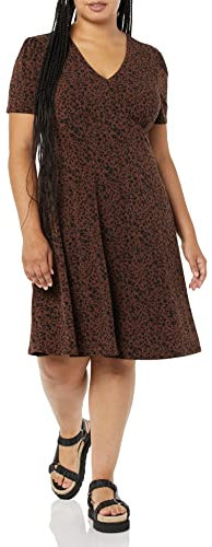 Amazon Essentials Robe Cintrée Et Évasée À Manches Courtes Et Col en V Femme, Brun Caramel Foncé Guépard, XS