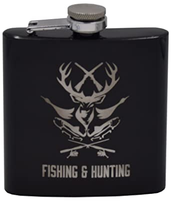 Schwarzer Flachmann mit Gravur und Schriftzug Fishing & Hunting I Geschenk Jäger Fischer Angler Förster