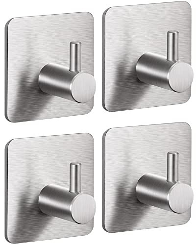 LogwithU - Paquete de 4 ganchos autoadhesivos, modernos de acero inoxidable mate, resistentes al agua, 3M, ganchos adhesivos de pared resistentes para toallas resistentes(plateado)