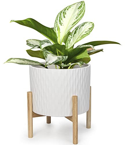 LaDoVita Keramik Blumentopf mit Ständer, 10 Zoll Übertopf mit Holzregal, Moderne Runde Blumentöpfe Innen mit Holz Pflanzgefäßhalter, Weißes Wasser Ripple Muster