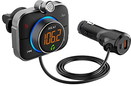 AKAI Bluetooth 5.0 Transmitter für Auto - getrennter Stecker und Bedienteil für Lüftungsschlitz - Kompatibel mit Quickcharge und PD