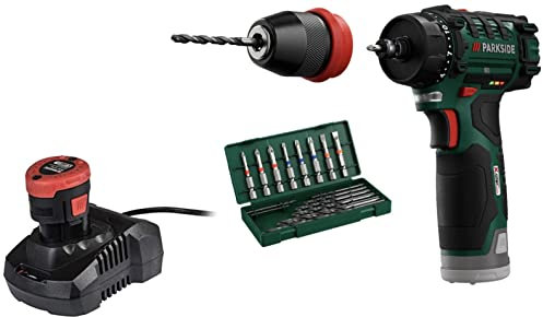 NA-1 Parkside 12V Cordless Drill 2-Speed Drive infinitely Variable Speed/Quick Stop, 8 Screwdriver bits 8 HSS Drills, Removable Metal keyless Chuck Quick Release, Battery/Charger Included