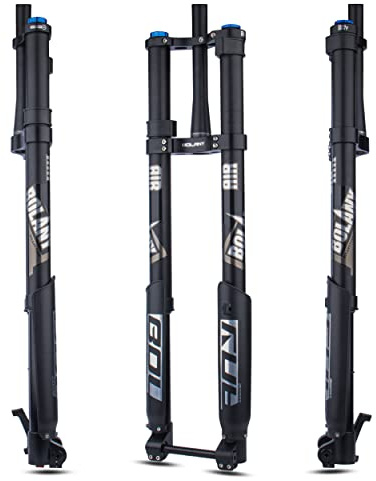 BOLANY Downhill Mountain Bike Air Suspension Front Fork Double Shoulder Inverted Aluminum Alloy Thru-Axle Boost Spacing 15 * 110mm Fork Fit for Disc Brake 26/27.5/29 Inch Tire