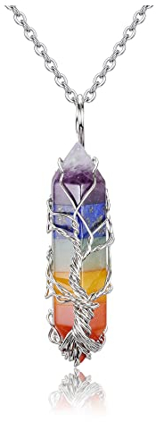 CrystalTears Halskette Damen Silber Lebensbaum Wire Wrap 7 Chakren Anhänger mit Kette Hexagon Säule Pendant Healing Reiki Energiesteine Schmuck