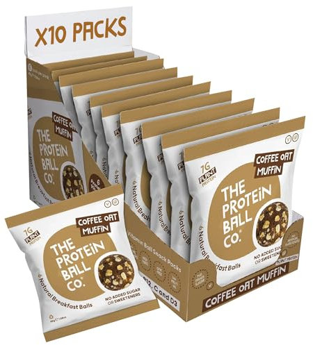 The Protein Ball Co Coffee Oat Muffin Protein Balls - High Fibre Snacks - Gluten-Free, No Added Sugar - Healthy Energy Balls, Box of 10 bags
