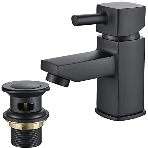 Black Basin Mixer Tap, NewEast Square Cloakroom Tap with Pop up Waste, Mono Bathroom Sink Tap
