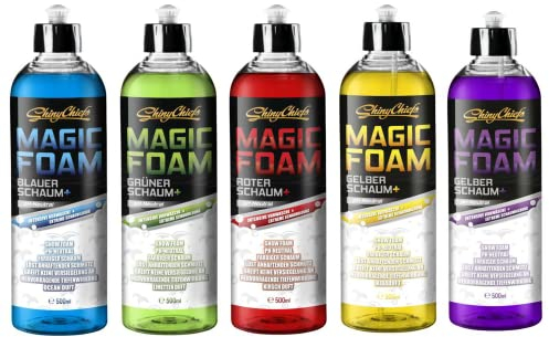 ShinyChiefs MAGIC FOAM SET - Farbiges Autoshampoo zur intensiven Vorwäsche - Auto Schaum mit starker Reinigungskraft - Lackschonender Schaumreiniger, pH-neutral mit tollem Duft, 5x 500ml