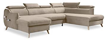 MIUFORM Ecksofa U-Form mit Bettfunktion und Bettkasten Kopfstütze | Sweet Harmony Ecksofa Wohnschlandschaft Schlafcouch | Easy Clean Stoff Samt (Beige, Rechts ausgerichtet)