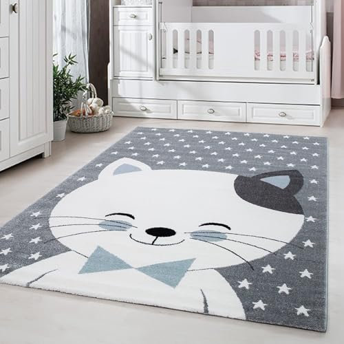 Carpetsale24 Kinderteppich Modern Niedliches Katze design Blau 160 cm Rund - Kurzflor Teppich Kinderzimmer Waschbarer Babyteppich Spielteppich für Junge und Mädchen Extra Weich und Antiallergen Runder
