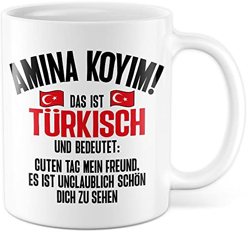Amina Koyim Tasse lustige Kaffeetasse mit Spruch türkisch Kaffee-Becher Türken Witz Amina Koyim Geschenkidee Türke Türkin Geschenk Türkei türkisch Sarkasmus Schimpfwort Beleidigung Sprache (Weiß)