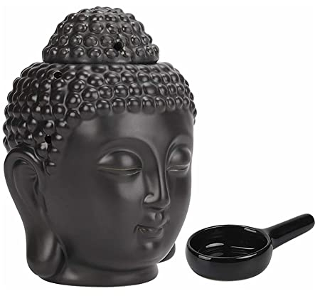 Acaino Keramik Ätherisches Ölbrenner mit Kerzenhalter, Buddha-Kopf, Teelichthalter Duftöl Diffuser Aromalampe Duftlicht Aromabrenner für Wohndekoration,Yoga Spa Dekoration (Schwarz)