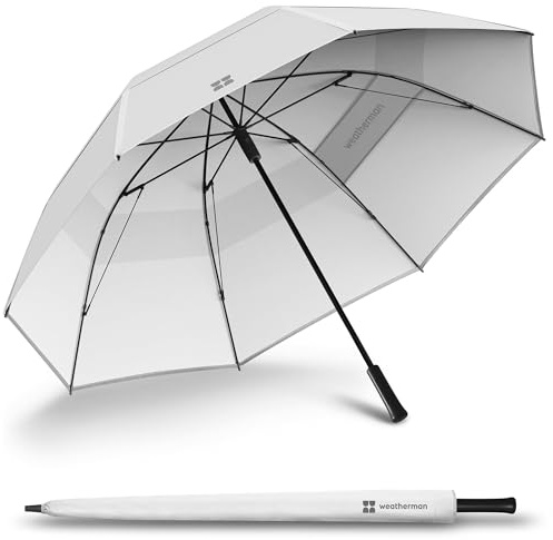 Weatherman Umbrella - Golf Lite Umbrella Extra Large Big Oversize Windproof for Golf Bag Push Cart w/ UV Protection - Waterproof Heavy Duty Umbrellas for Rain Sun for Men Women - Resists Up to 55 MPH Winds (White)