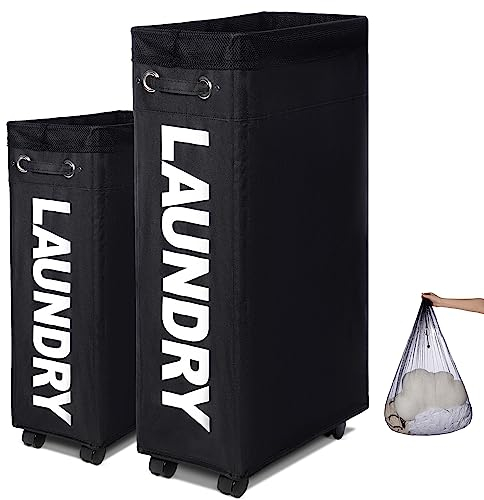 Caroeas 70L Rolling Slim Laundry Basket with wheels, Collapsible Laundry hamper on Wheels Tall Thin Narrow Foldable Storage Bins for Corner