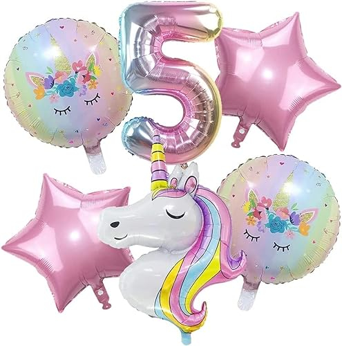 Einhorn Luftballons Geburtstag 5 Jahre, 6 Stück Einhorn Luftballons Mädchen, Luftballons 5. Geburtstag Mädchen, Einhorn Ballons Geburtstag, Helium Folienballon Kindergeburtstag Deko für Mädchen