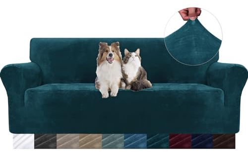 YSTELLAA Housse De Canapé en Velours 3 Places, Sofa Cover Extensible, Universelle Housse pour Canapé avec Accoudoirs, Protection Griffures, Antidérapant, Lavable, Vert Foncé