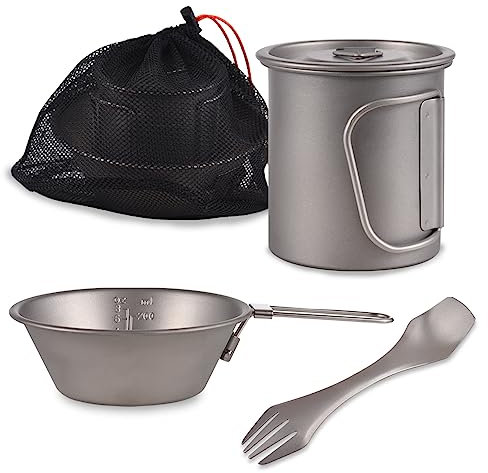 Doorslay Utensilios de cocina de camping, portátiles para camping, cubiertos de titanio, taza, cuenco Spork, juego de 3 piezas, vajilla para exteriores, taza de café, taza de café, juego de pícnic,