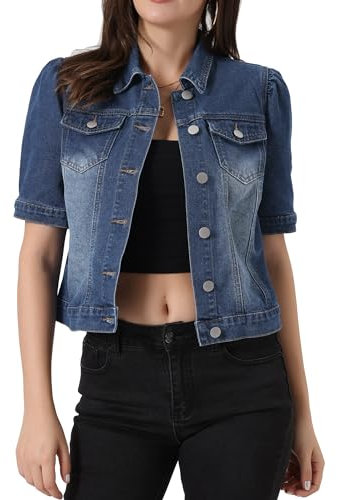 Allegra K Casual Jean Jacket for Women's Short Puff Sleeves Button-Down Denim Jacket Blue S