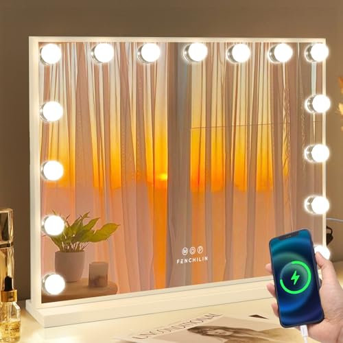 FENCHILIN Hollywood Mirror Vanity Mirror with Lights USB Port 15 Dimmable Lightbulbs 3 Lighting Modes for Dressing Table Vanity Mirror Makeup Mirror 10x Magnifying Glass Touchscreen 58x46cm