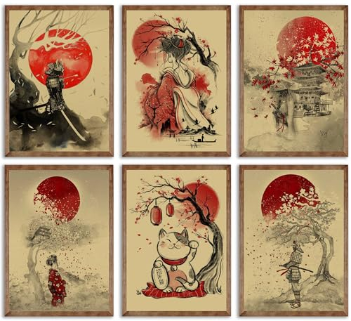 Japanische Sakura-Samurai-Wandkunst, Ninja-Bushido-Poster, Drucke, japanische Wanddekoration, Bilder, Geisha, Glückskatze auf Leinwand, Gemälde für Schlafzimmer, Wohnzimmer, Büro, Dekoration,