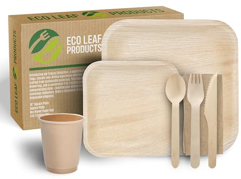 ECO Leaf 175 Pcs Disposable Palm Leaf Dinner Set | 25 X 10 Square Plates, 6 Square Canape Plate, 8oz Bamboo Paper Cups, Wooden Cutlery Set | Eco-Friendly Heavy-Duty Bundle for Wedding, Party, Picnic