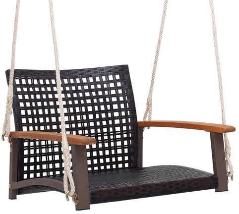 COSTWAY Patio Porch Swing Chair, Heavy-Duty Metal Frame Single Person Hanging Seat, Outdoor Rattan Woven Hammock Chair for Balcony & Backyard