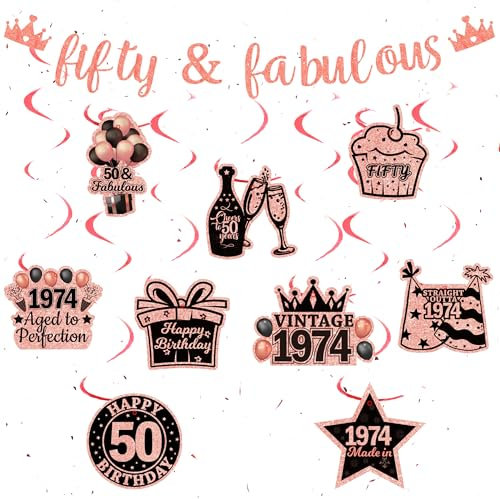Fifty & Fabulous 50th Birthday Decorations - Rose Gold Party Banners Set with Hanging Swirls for Women's 50th Party Supplies