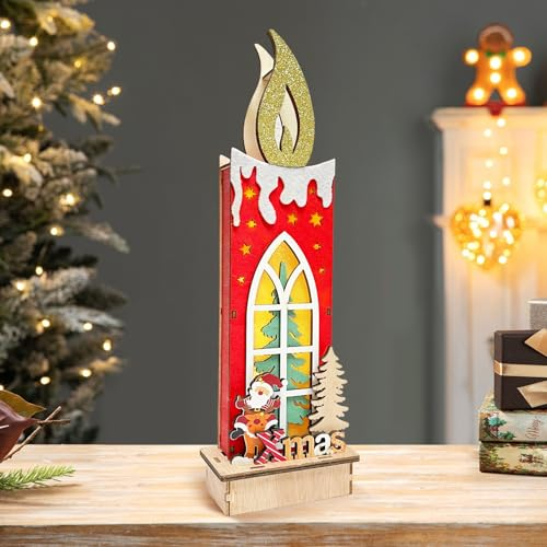 Bseical LED Weihnachtsdeko Holz,LED-Säule Weihnachten,Dekosäule,Kerzen,Lichterkette,Winterlandschaft Tisch Deko,Weihnachts-Silhouette Kerzen aus Holz mit Rentier und Baum (Rot)
