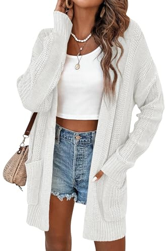 Cardigan da donna leggero, aperto sul davanti, lavorato a maglia, con tasche, a maniche lunghe, sciolto, bianco, S