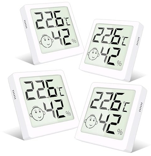 Mini Thermometre Interieur, 4 Pièces Hygrometre Interieur avec Indicateur Niveau de Confort Thermometre Chambre Bebe, Thermomètre Hygromètre pour Les Chambres D'enfants, Maison, Bureau