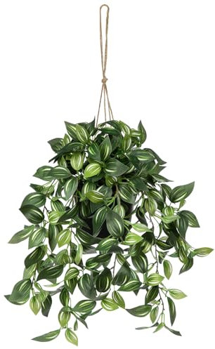 Oairse Fake Hanging Plants 17.7 Faux Watermelon Peperomia Silk Plants with Black Pot Artificial Hanging Greenery for Home Garden Balcony Front Porch Outdoor Decor