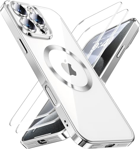 JUESHITUO 3 in 1 Hülle für iPhone 16 Pro,1 Handyhülle mit 2 Stück Schutzfolie, [Militärstandard] [TOP N56 Starke Magnete] Stoßfest Kratzfest für Magsafe Case mit Kameraschutz, Silber