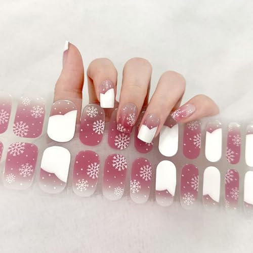 Christmas Semi Cured Gel Nails - 22 Stickers Soft Self-Adhesive Gel Nail Strips Salon-Quality Wraps - UV/LED Lamp Required (98-Pink Snow)