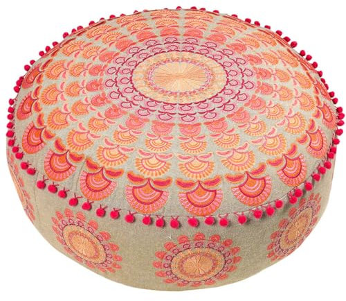 Mandala Life ART Gefüllter Bodenkissen Groß Mit Ponpon Boho Chic Rosa Bodenhocker Rund Sitzkissen Hoch Runder Hocker Pouf Hoch Boho Osmanische Deko 100% Baumwolle 60X20Cm
