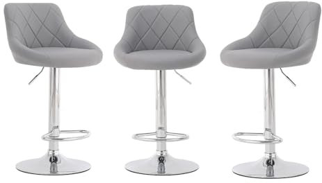 CROWNSHOP Modern Bar Stools Set 3pcs Leatherette Exterior Adjustable Swivel Gas Lift Chrome Footrest and Base for Breakfast Bar Counter Kitchen and Home Barstools Silver Grey