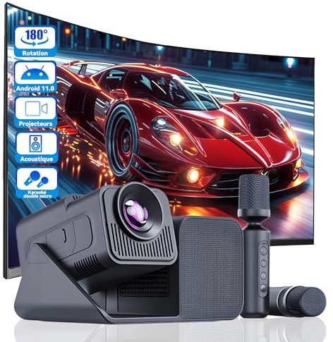 Projecteur KTV 3-en-1 HY360 - Home Cinéma, Enceinte et Karaoké avec Micros, 720P, Android 11, WiFi 6, Bluetooth 5.0 (Noir)