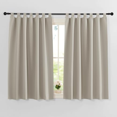 PONY DANCE Verdunklungsvorhänge mit Schlaufen Thermovorhang Hitzeschutz Kinderzimmer Gardinen kurz Fenstergardinen Küche Schlaufenschal 2er Set H 145 x B 140 cm, Natur