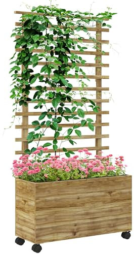 Outsunny Outdoor Wooden Planters with 4 Wheels Free Standing Flower Raised Beds with Trellis for Climbing Plants for Garden, 76 x 30 x 155cm, Natural