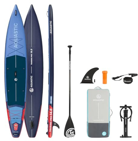 AQUASTIC Touring Pro 14'0″ | SUP Touring Board | Drop Stitch Line+ | Einlagiges PVC 2200 g/m² | 427×76×15 cm | 355 L Fassungsvermögen | 170 KG Belastbarkeit | Eva-Schaum | Cargo Leinen