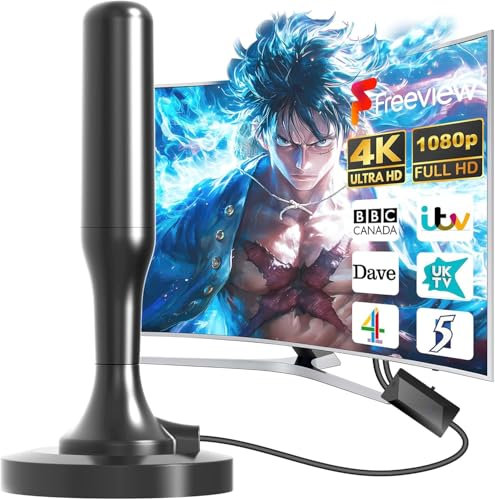 High Gain Freeview Tv Aerial Indoor with Booster, Portable Indoor Outdoor Aerial for Smart Tv, Digital Antenna for 4k Hdtv Tv Tuner/Dvb-T Television/Dab Radio/Sd - With Magnetic Base, Black