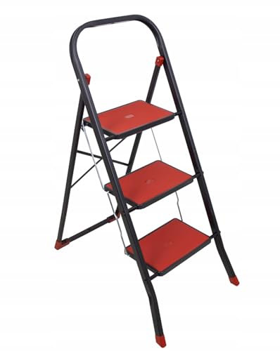 Klapptritt mit 3 Stufen – stabile Haushaltsleiter bis 150 kg, klappbar, rutschfeste Trittflächen, platzsparend & sicher (Rot-Schwarz)