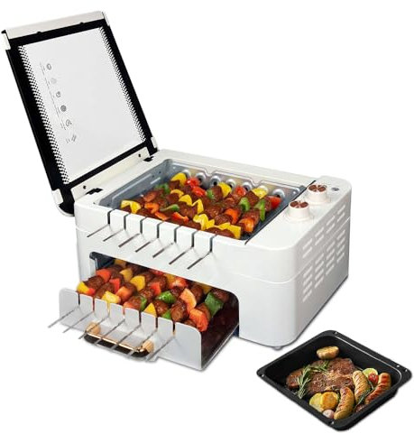 hzexun Grill elettrico, Per uso interno & esterno Griglia elettrica senza fumo Barbecue elettrico BBQ da balcone Griglie elettriche con 14 spiedi,controllo del tempo