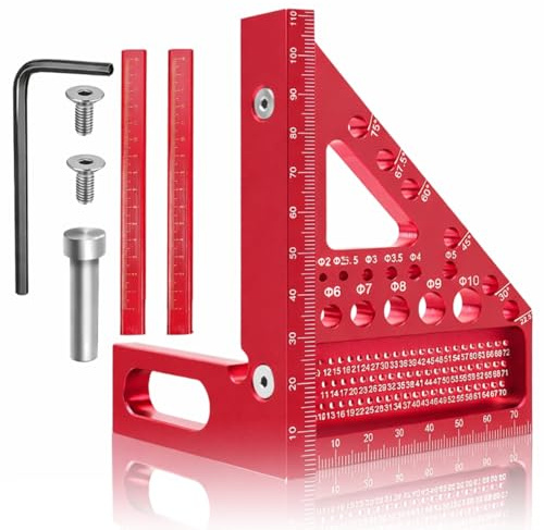 Koprek 3D Carpenters Square Tools, 22.5-90°3D Multi Angle Measuring Ruler Aluminum Alloy Combination Woodwork Square Protractor, Precision Woodworks Tool Ruler with 11 Drill Hole and 2 Woodwork Pens