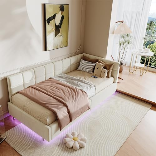 Polsterbett Schlafsofa Kinderbett 90x200 mit LED-Beleuchtung und USB-Ladestation, Einzelbett Jugendbett Tagesbett mit Hydraulischem Stauraum & Lattenrost, Gästebett, ohne Matratze (Creme Samt, 90x200)