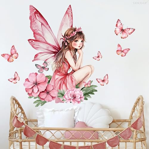 WOFEU Blumenfee Wandaufkleber für Mädchenzimmer | Rosa Blumenwandbild mit Schmetterlingen, DIY Wanddekoration aus ablösbarem Vinyl für Mädchenzimmer, Schlafzimmer