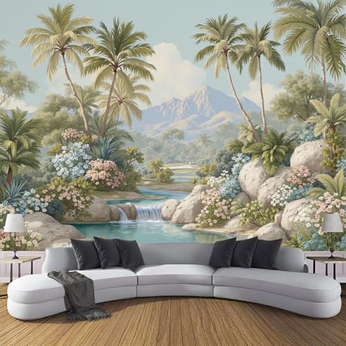 Fototapete Palmen, Blumen, Fluss 250x175cm Schlafzimmer Wohnzimmer Seide XXL Wandtapete Retro-Tropenlandschaft Fototapeten Bildtapete 3d Effekt Wand Dekoration, Salbeigrün